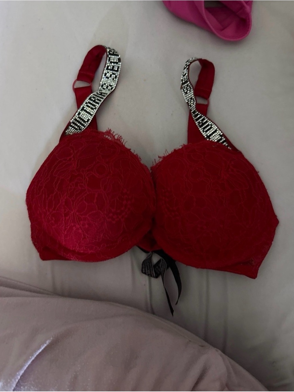 Lace Push-Up Bra with Rhinestone Straps - Red